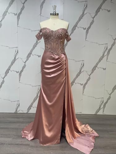 Women's Off The Shoulder Satin Bridesmaid Dresses Long Slit ...