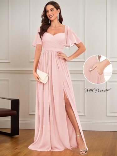 Chiffon Bridesmaid Dresses for Wedding with Short Sleeves Sw...