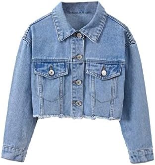 Verdusa Girl's Raw Hem Long Sleeve Single Breasted Crop Deni...