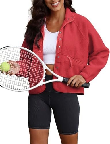 ReachMe Womens Sherpa Jacket Casual Lapel Button Down Croppe...