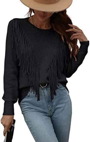 chouyatou Women's Casual Crewneck Fringe Tassel Knitted Pull... chouyatou Women's Casual Crewneck Fringe Tassel Knitted Pull...