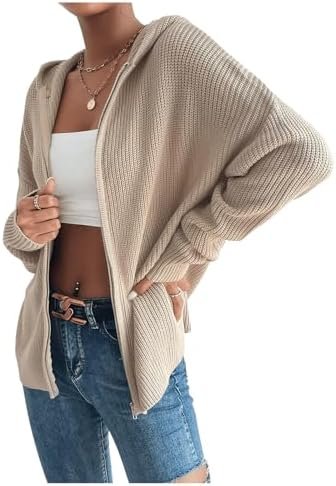 SHENHE Women's Zip Up Hooded Cardigan Drop Shoulder Casual K...