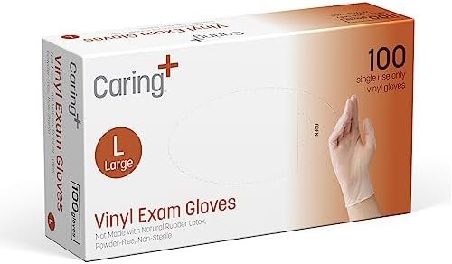 Caring Vinyl Exam Gloves Powder Free and Not Made with Natur...