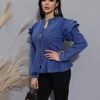 ECHOINE Women Casual Denim Jacket - Long Sleeve Zip Ruffle S...