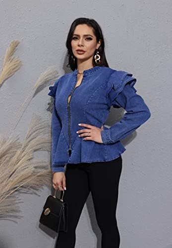 ECHOINE Women Casual Denim Jacket - Long Sleeve Zip Ruffle S...