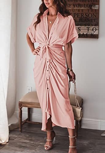 Women Elegant Satin Button Down Short Sleeve Maxi Shirt Dres...