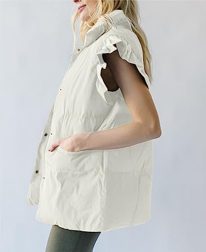Valphsio Women's Puffer Vests Ruffle Sleeve Winter Button Do...