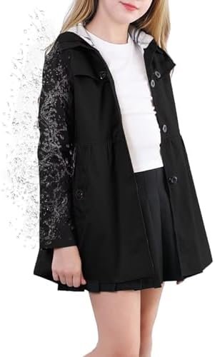 Cromoncent Girl's Waterproof Hoodie Trench Coat Cute Dress C...