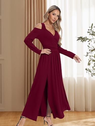 Women Long Sleeve Slit Maxi Long Dresses Deep V Neck Cold Sh...