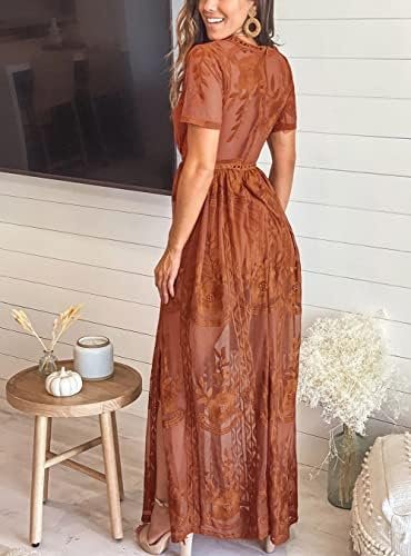 Eleter Women's Deep V-Neck Lace Romper Short Sleeve Long Dre...