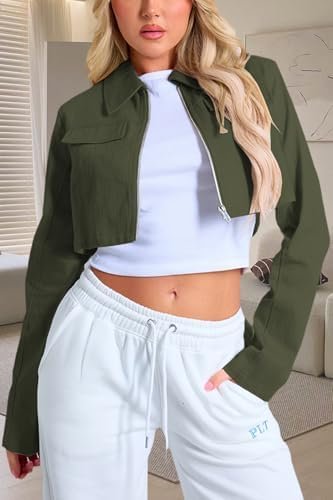 Women's Cropped Jacket Casual Zip Up Long Sleeve Lapel Crop ...