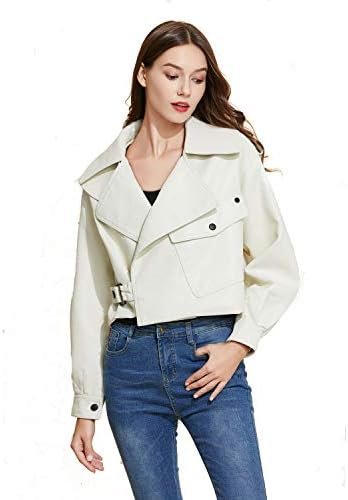 LY VAREY LIN Women Black Faux Leather Jackets Casual Short O...