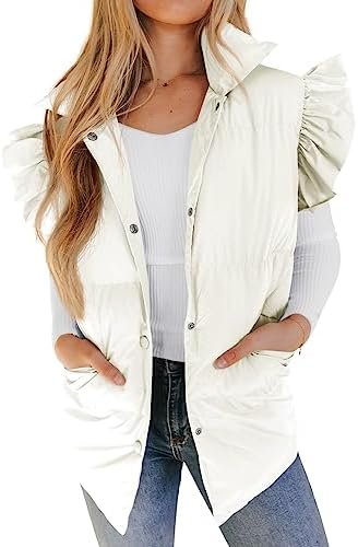 Valphsio Women's Puffer Vests Ruffle Sleeve Winter Button Do...