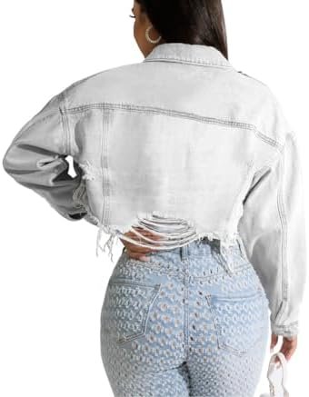 HTD Women's Cropped Jean Jacket Button Up Long Sleeve Ripped...