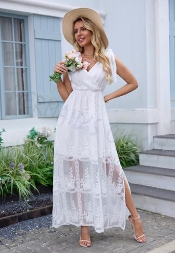 Women's V Neck Tie Strap Embroidered Lace Maxi Wedding Dress...