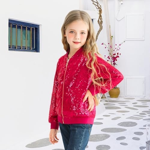 Sequin Bomber Jackets Girls Long Sleeve Zip up Jacket for Ki...