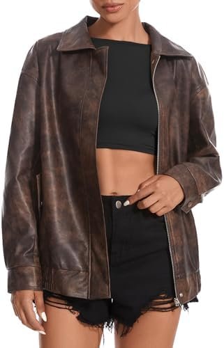 Women's Faux Leather Jackets Long Sleeve Zipper Oversized Mo...