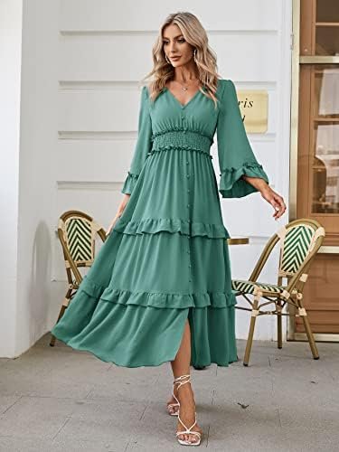 Amegoya Women's V Neck Long Sleeve Boho Maxi Dress Summer We...