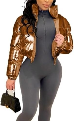Halfword Women's Shiny Cropped Puffer Jacket Long Sleeve Sol... Halfword Women's Shiny Cropped Puffer Jacket Long Sleeve Sol...