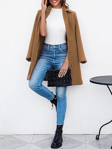 Fisoew Women's Elegant Single Breasted Coat Long Sleeve Mid ...