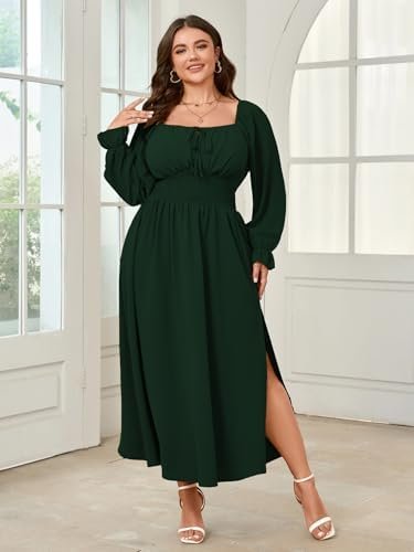 Women's Plus Size Dress Long Sleeve Smocked Dress Square Nec...