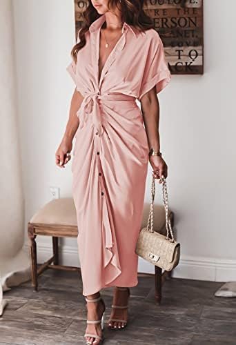 Women Elegant Satin Button Down Short Sleeve Maxi Shirt Dres...