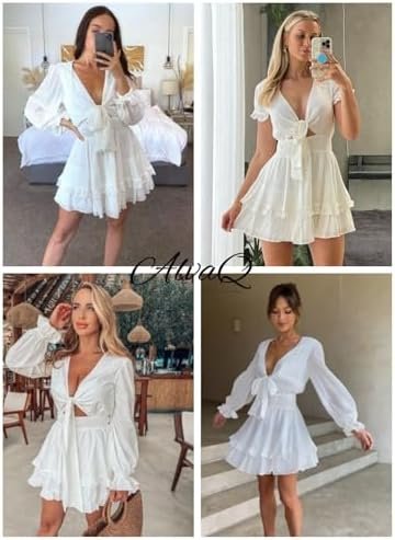 AlvaQ Womens Dresses Spring Summer Knot Front V Neck Ruffles...