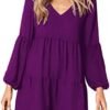 Amoretu Womens Tunic Dress Long Sleeve V Neck Casual Loose F...