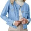Kedera Jean Jacket Women 2025 Long sleeves Cropped Collarles...