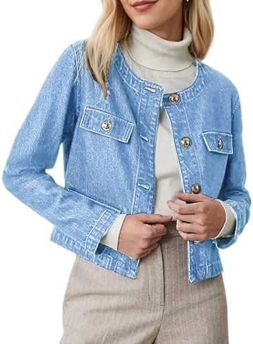 Kedera Jean Jacket Women 2025 Long sleeves Cropped Collarles...