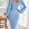 MEROKEETY Women's Long Puff Sleeve Ruched Bodycon Dress Squa...
