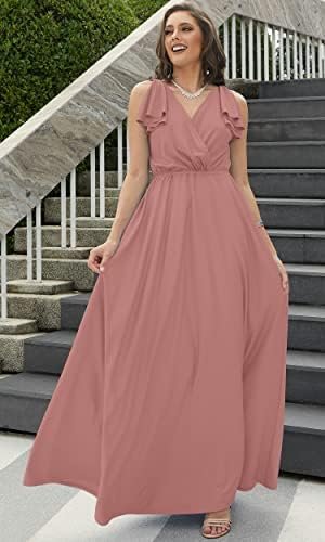KOH KOH Womens Long V-Neck Ruffle Sleeveless Bridesmaid Prom...