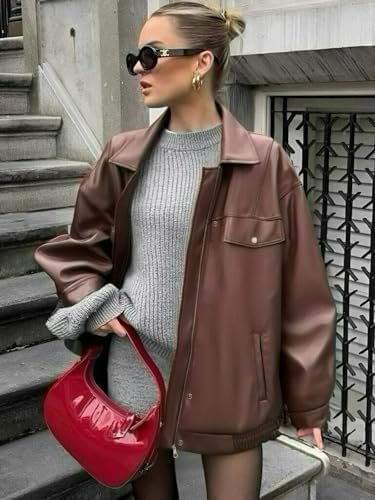 Womens Oversized Leather Jackets Faux Zip Up Motorcycle Bomb...