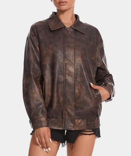 Women's Faux Leather Jackets Long Sleeve Zipper Oversized Mo...