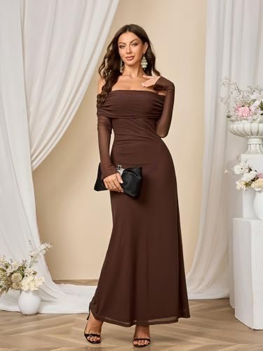 Colysmo Women Long Sleeve Mesh Off Shoulder Bodycon Maxi Dre...