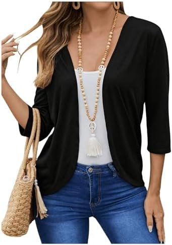 WDIRARA Women's Asymmetrical Hem Open Front Thin Jackets 3/4...