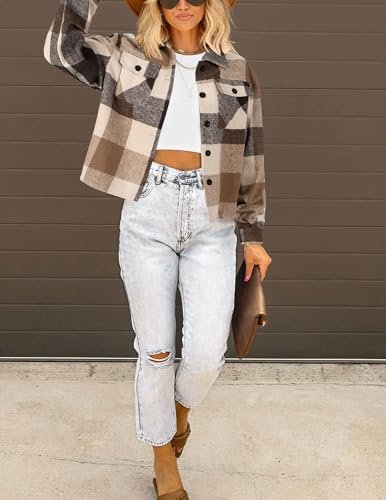 HOTOUCH Womens Flannels Fall Cropped Shacket Plaid Jacket Lo...