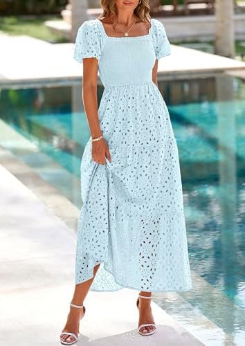 PRETTYGARDEN Summer Dresses for Women 2025 Eyelet Square Nec...