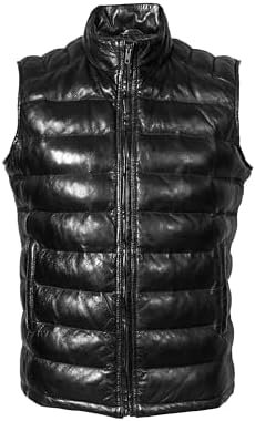 STREGA Puffer Vest Men Real Lambskin Leather Quilted Down Wa...