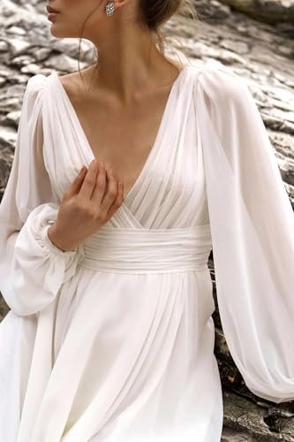 Beach Long Sleeve Wedding Dresses for Bride V Neck Empire Wa...