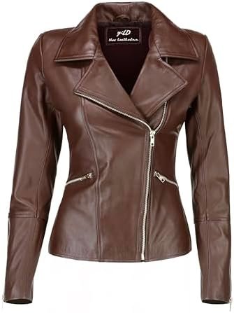 Jild Women's Asymmetrical Zip-Up Real Lambskin Leather Motor...