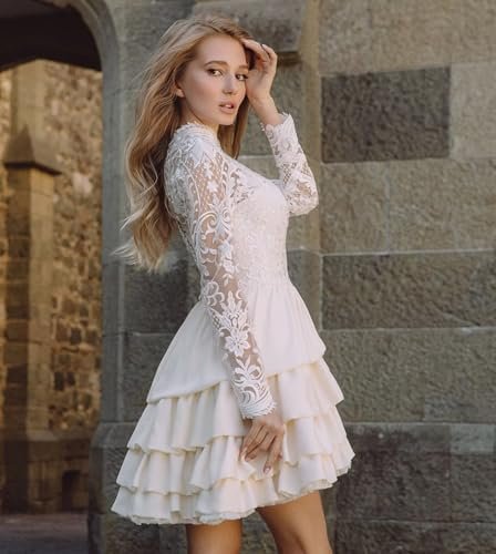 Short Wedding Dresses for Bride 2025 Beach Lace Long Sleeve ...