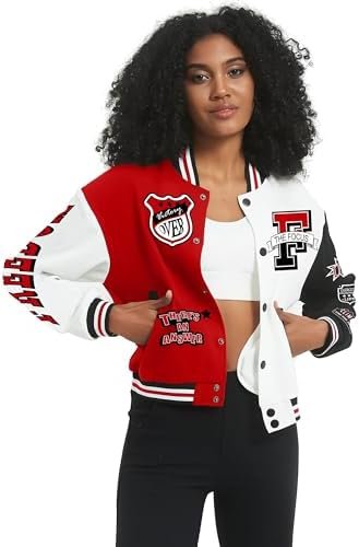 COZYPOIN Women's Varsity Jacket Cropped Letterman Jacket Lig...