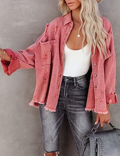 happlan Women's Distressed Loose Lapel Casual Raw Hem Ripped...