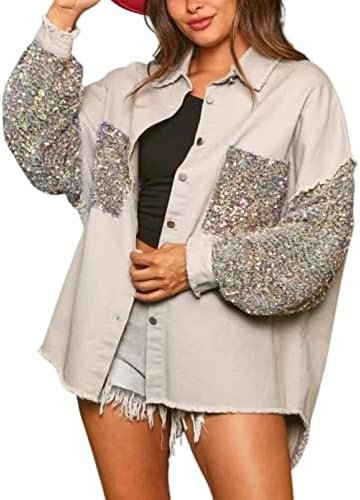 Womens Oversized Denim Jacket Sequin Sparkle Casual Long Sle...