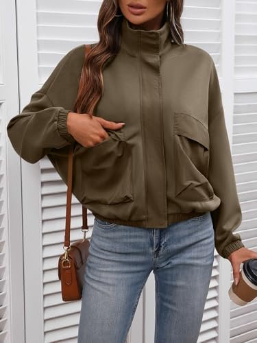 Women's Cropped Oversized Safari Jackets Zip Up Stand Collar...