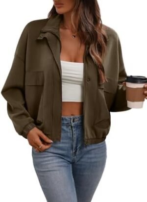 Women's Cropped Oversized Safari Jackets Zip Up Stand Collar... Women's Cropped Oversized Safari Jackets Zip Up Stand Collar...