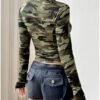 GORGLITTER Women's Camo Print Zip Up Rib Knit Crop Shirt Top...