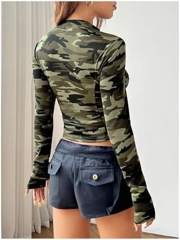 GORGLITTER Women's Camo Print Zip Up Rib Knit Crop Shirt Top...