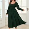 Women's Plus Size Dress Long Sleeve Smocked Dress Square Nec...